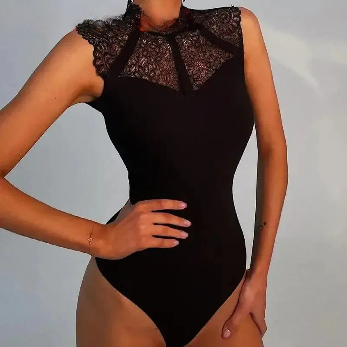 Body Dentelle Noir Sans Manches-Saylana