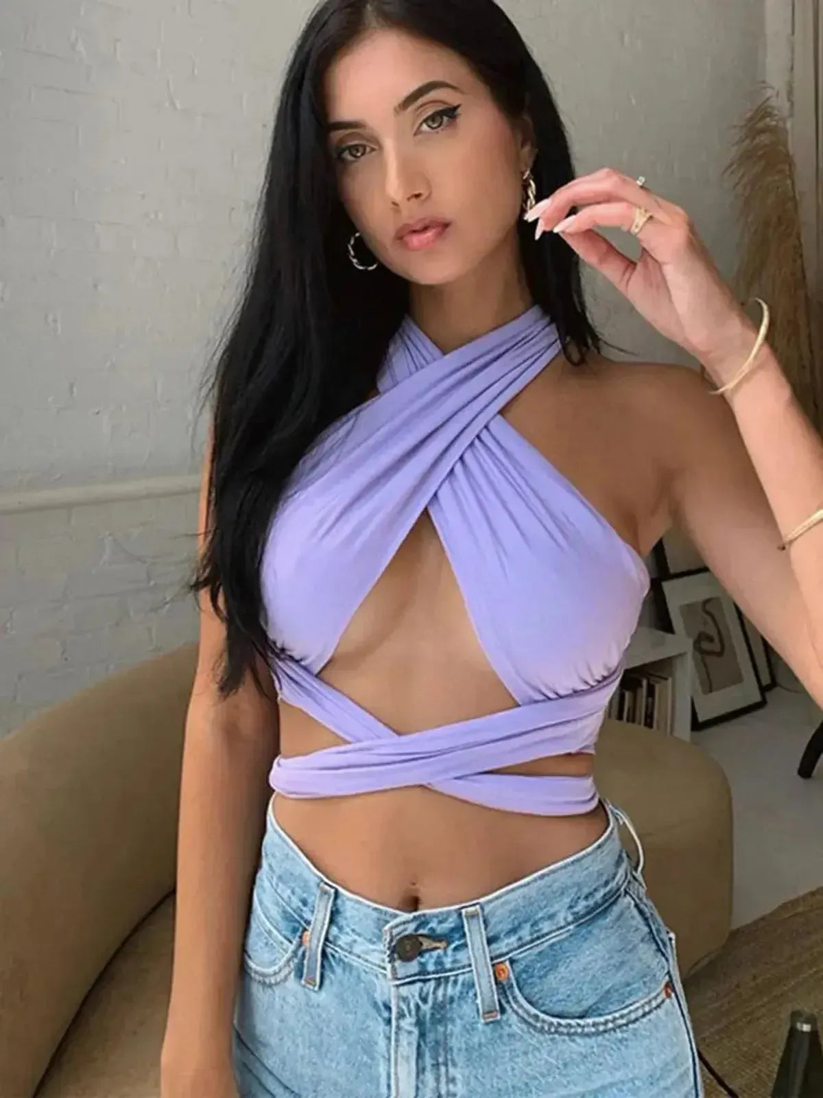 Crop bandage croisé col halter dos nu-Saylana