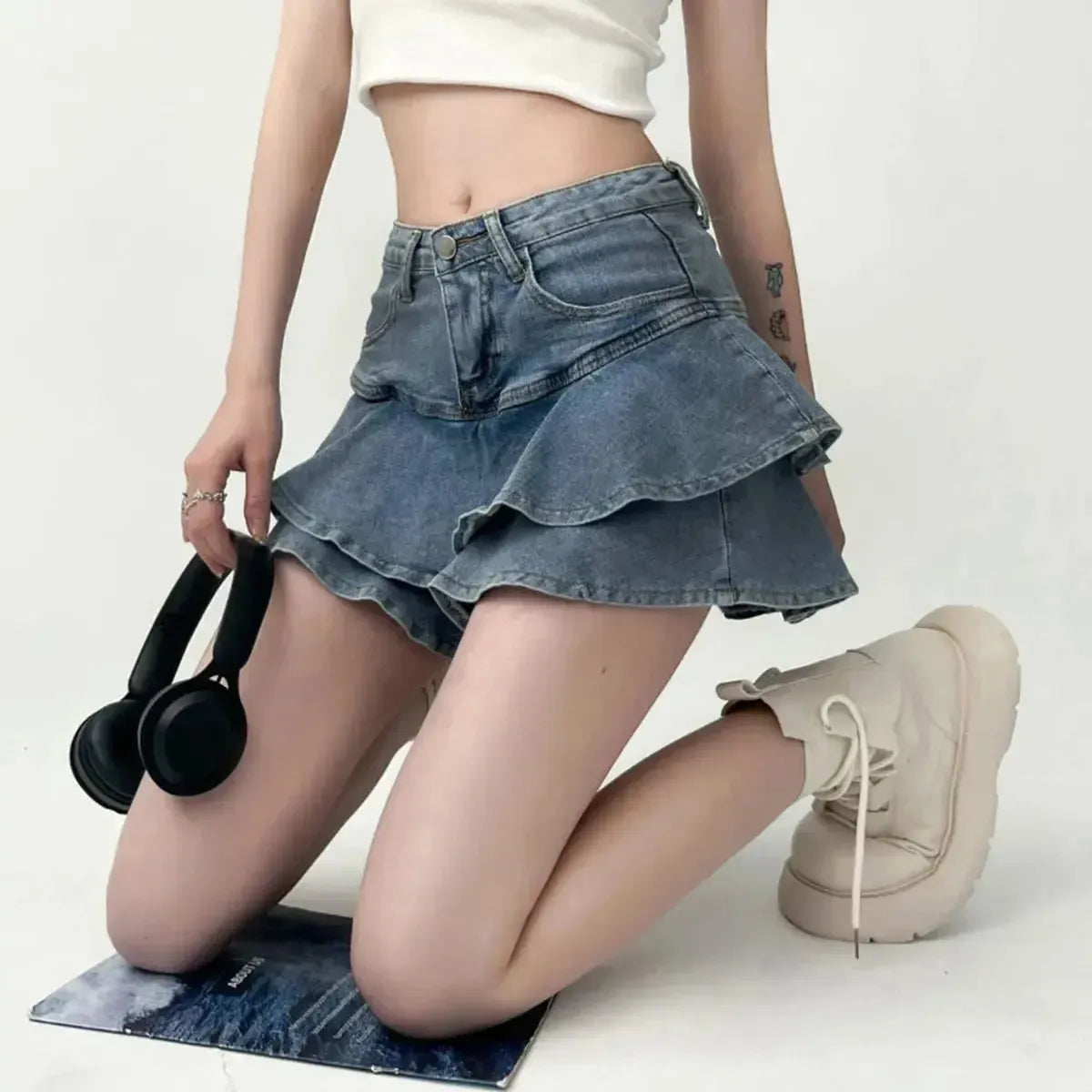 Denim A-Ligne à Volants-Saylana