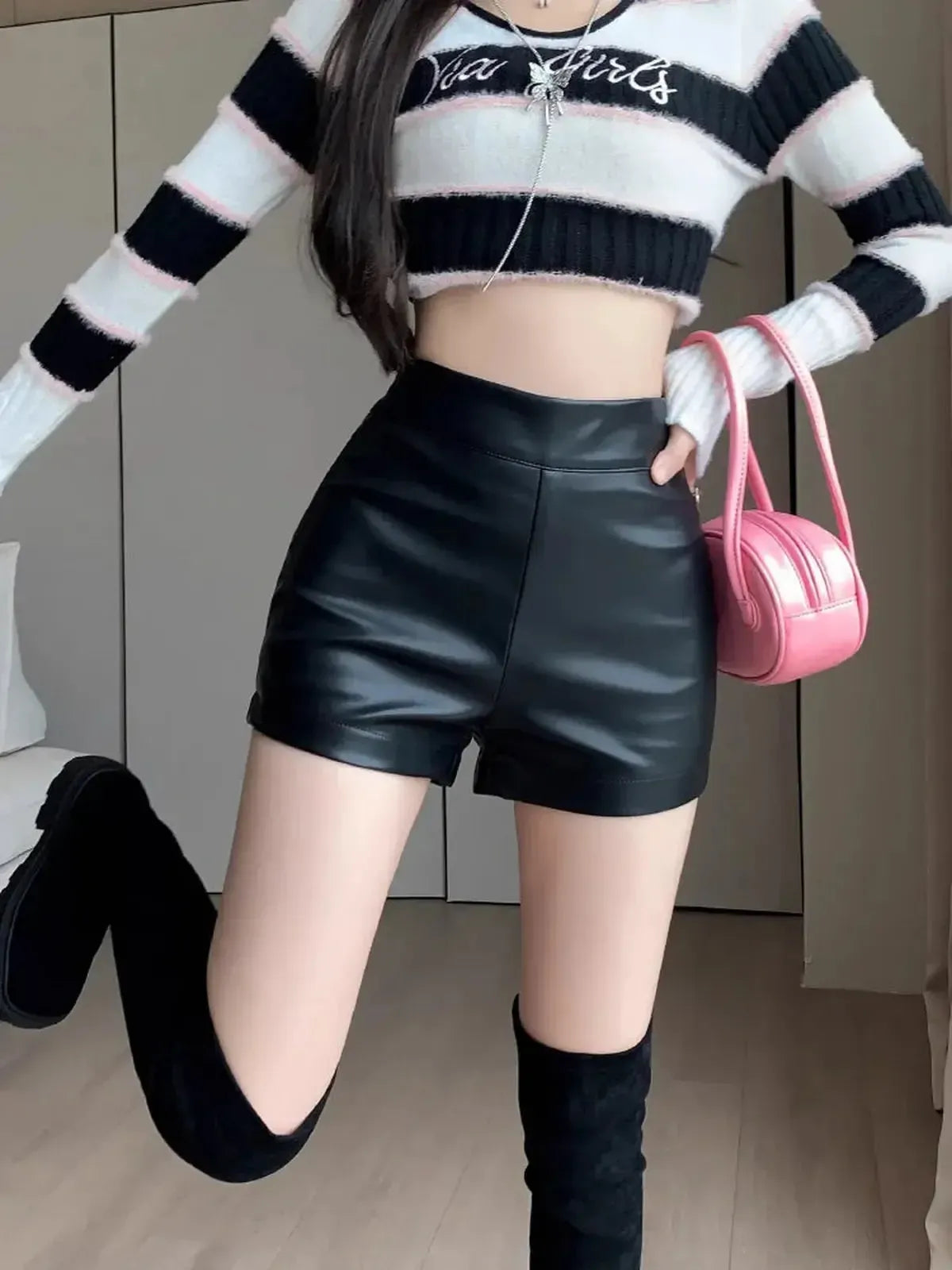 Effet cuir noir taille haute Y2K-Saylana