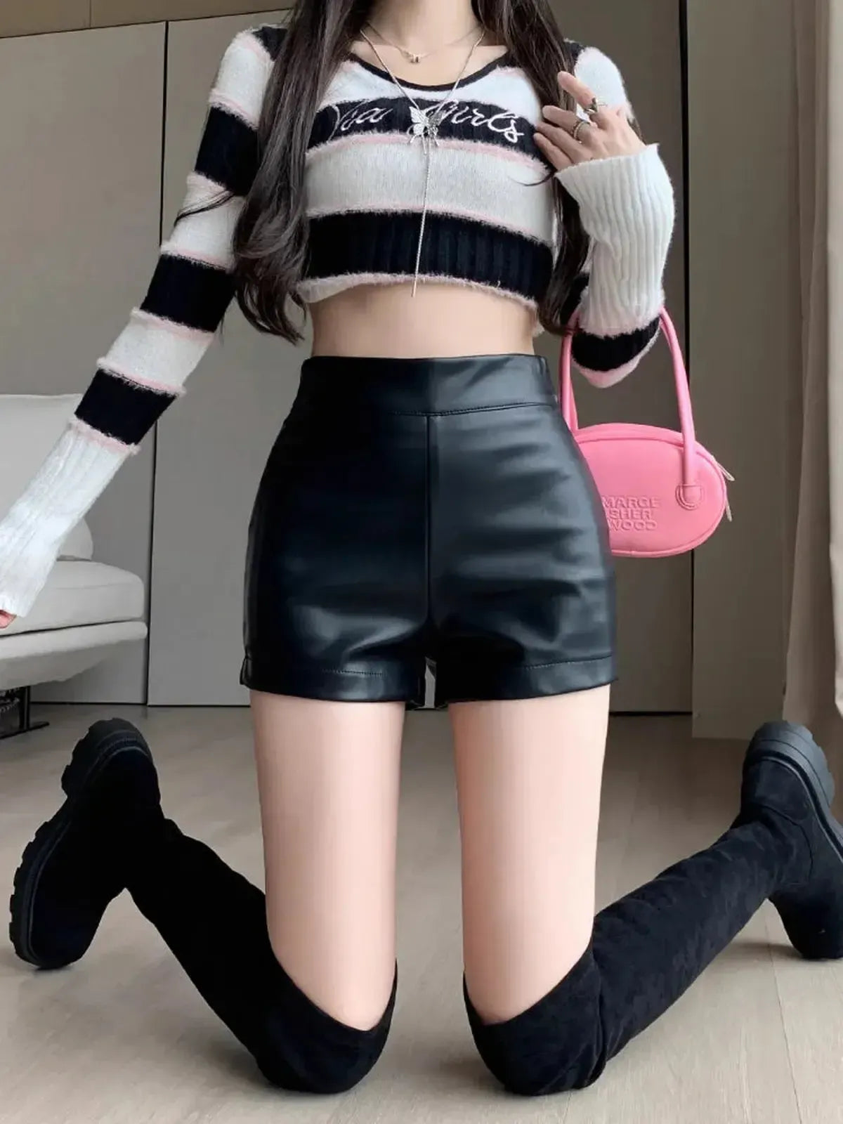 Effet cuir noir taille haute Y2K-Saylana