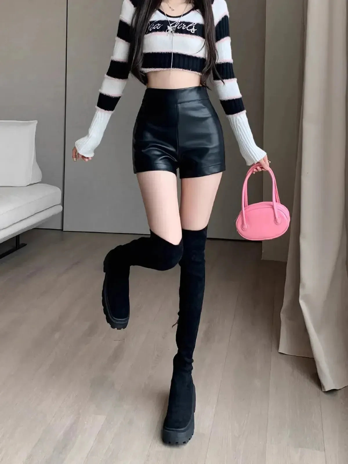 Effet cuir noir taille haute Y2K-Saylana