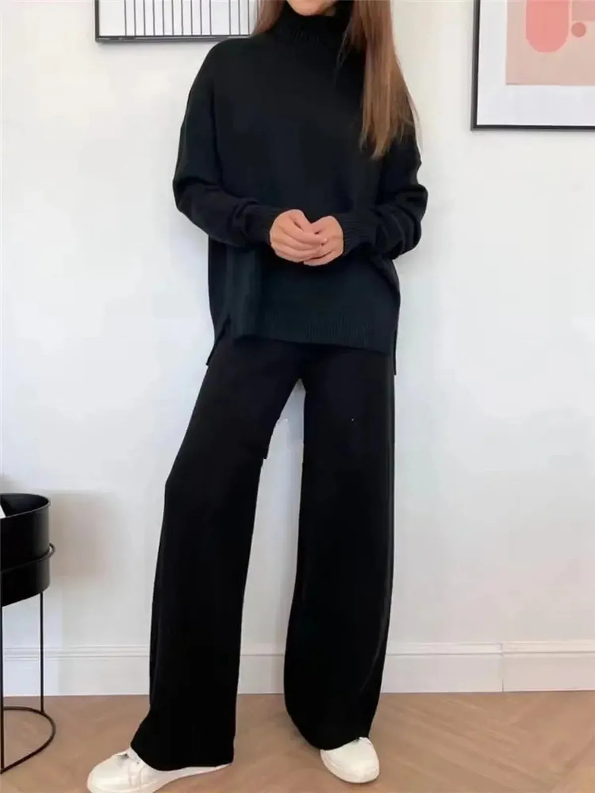 Ensemble Tricoté Femme : Col Roulé + Pantalon Droit-Saylana