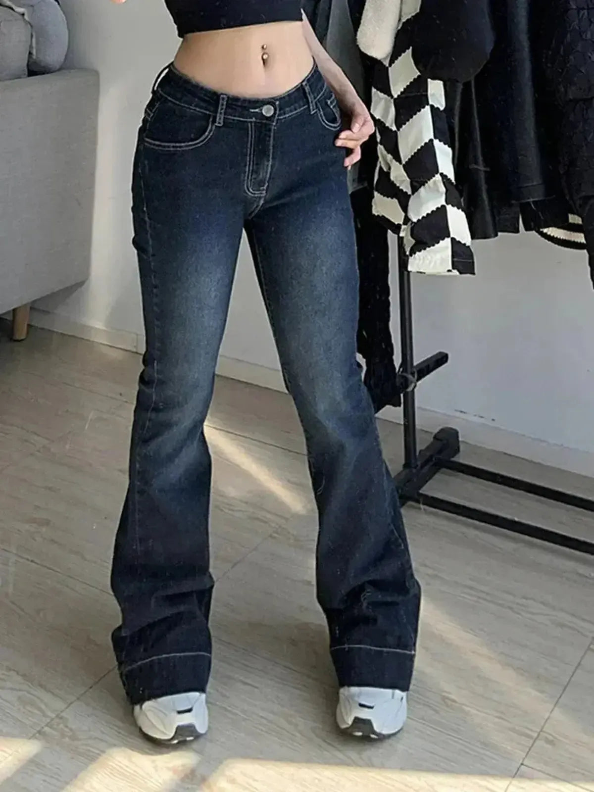 Kalevest Y2K High Street Low Rise Jeans Blue Women Pants Bootcut Pockets Jeans Streetwear Low Waist Jeans Wide Leg Pants-Saylana