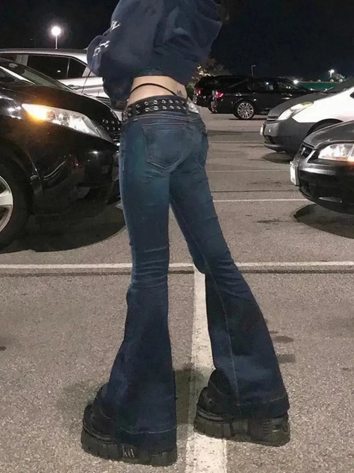 Kalevest Y2K High Street Low Rise Jeans Blue Women Pants Bootcut Pockets Jeans Streetwear Low Waist Jeans Wide Leg Pants-Saylana