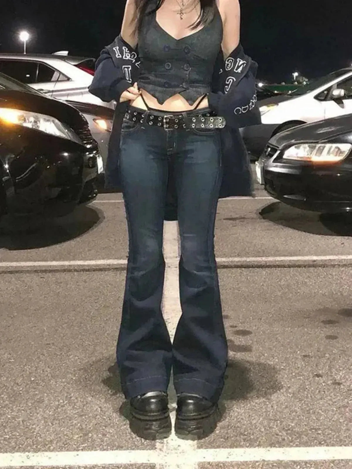 Kalevest Y2K High Street Low Rise Jeans Blue Women Pants Bootcut Pockets Jeans Streetwear Low Waist Jeans Wide Leg Pants-Saylana