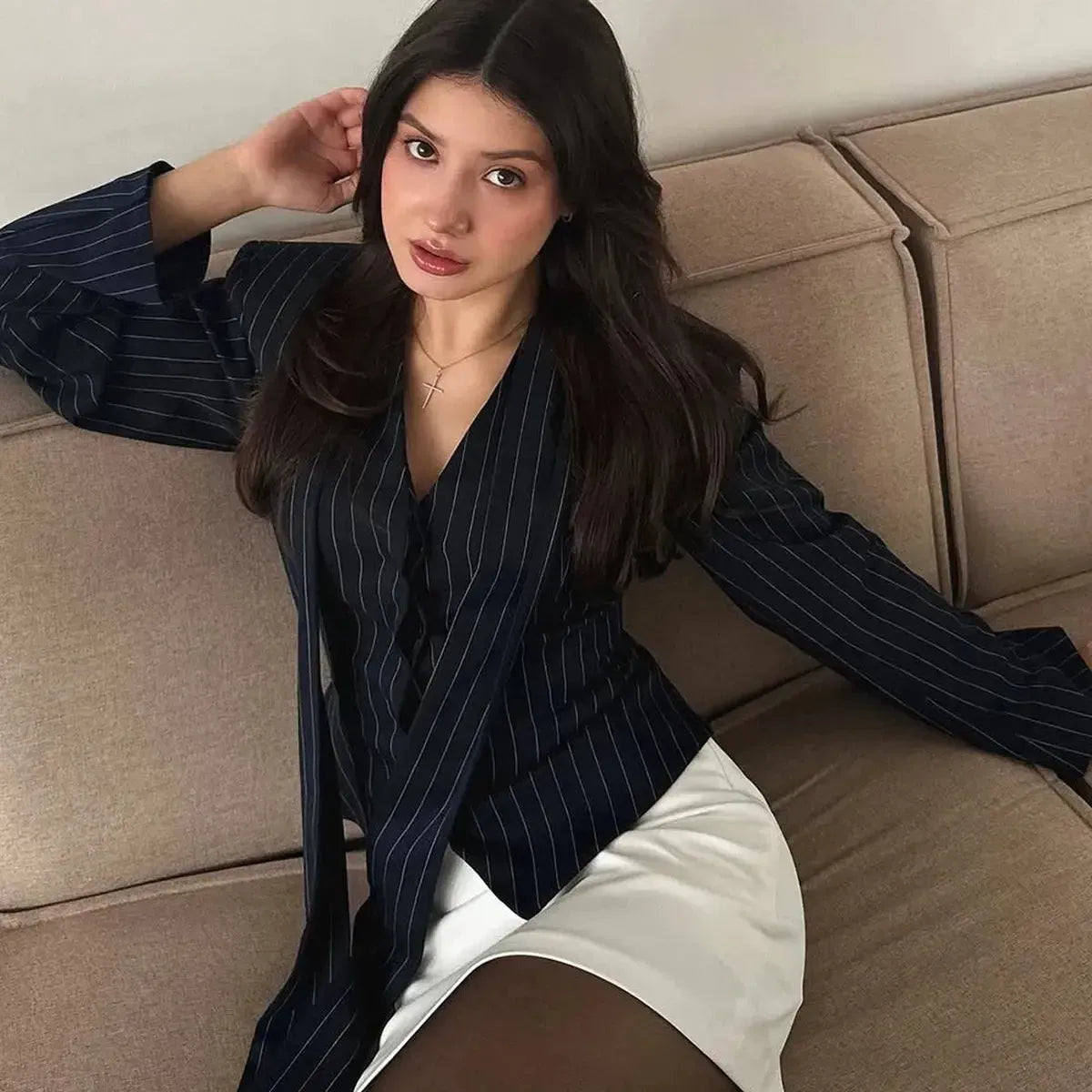 Manteau Rayé Cintré à Nouer Chic-Saylana