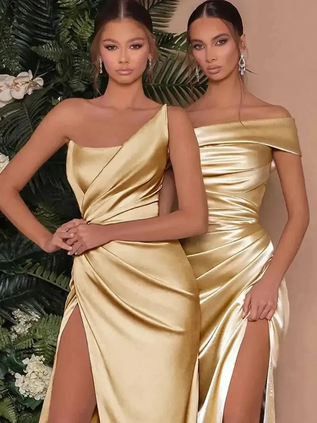 Robe Satin Dorée Épaule Unique-Saylana