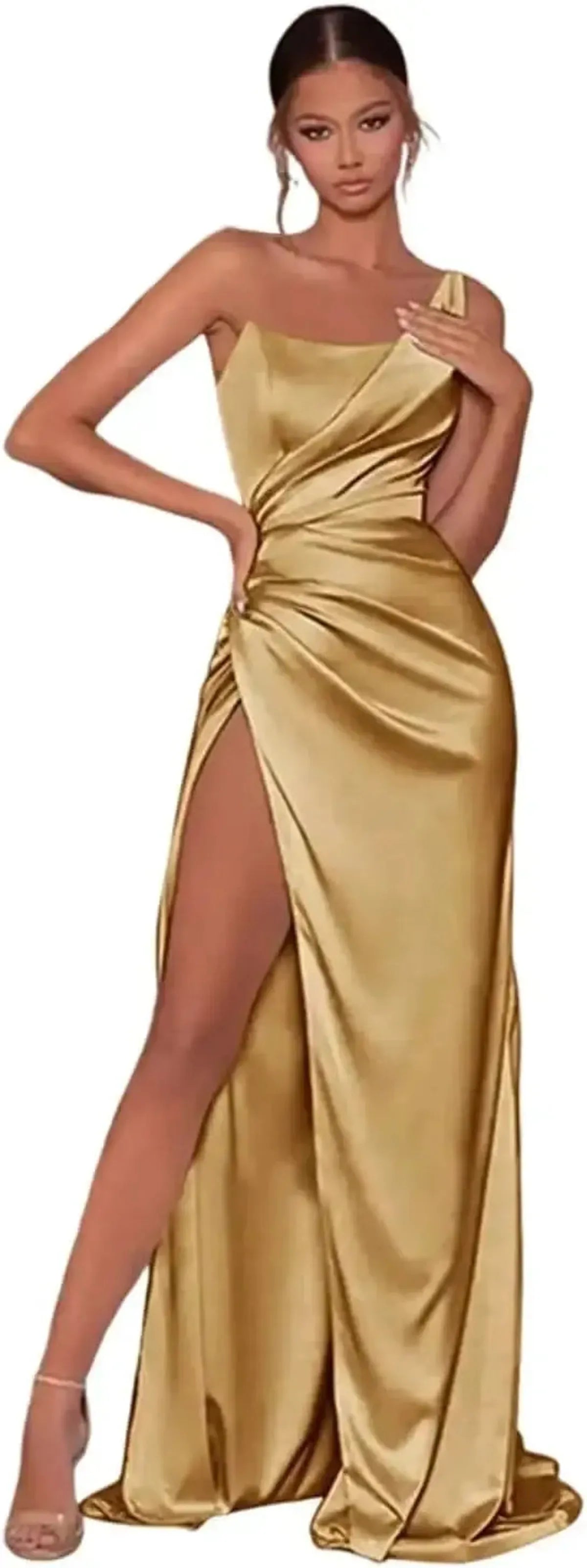 Robe Satin Dorée Épaule Unique-Saylana
