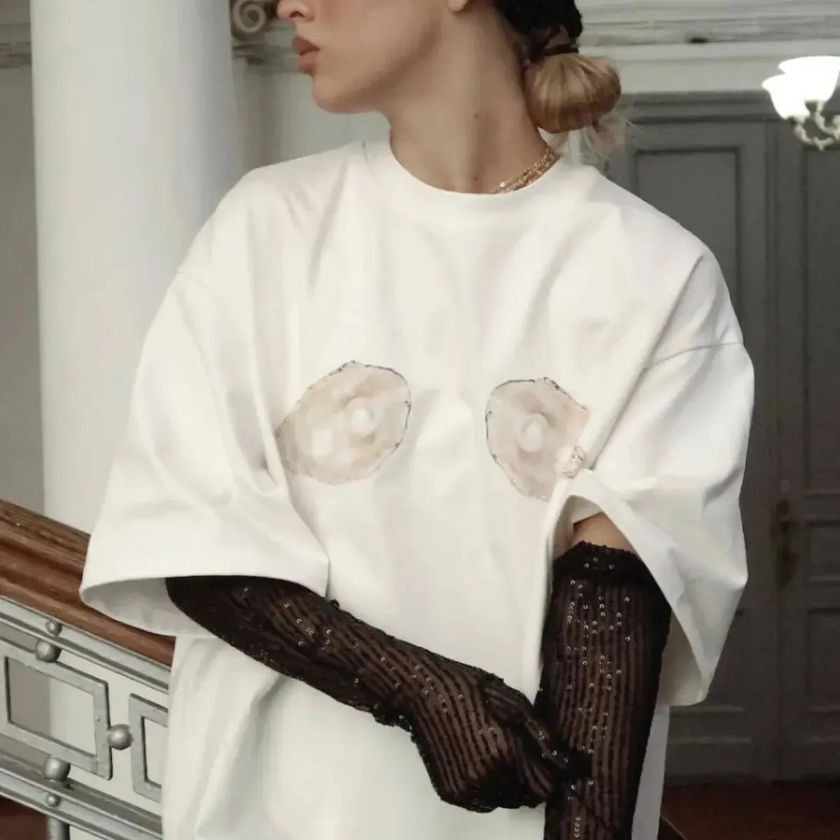 T-shirt imprimé coquillage Y2K au col rond casual-Saylana