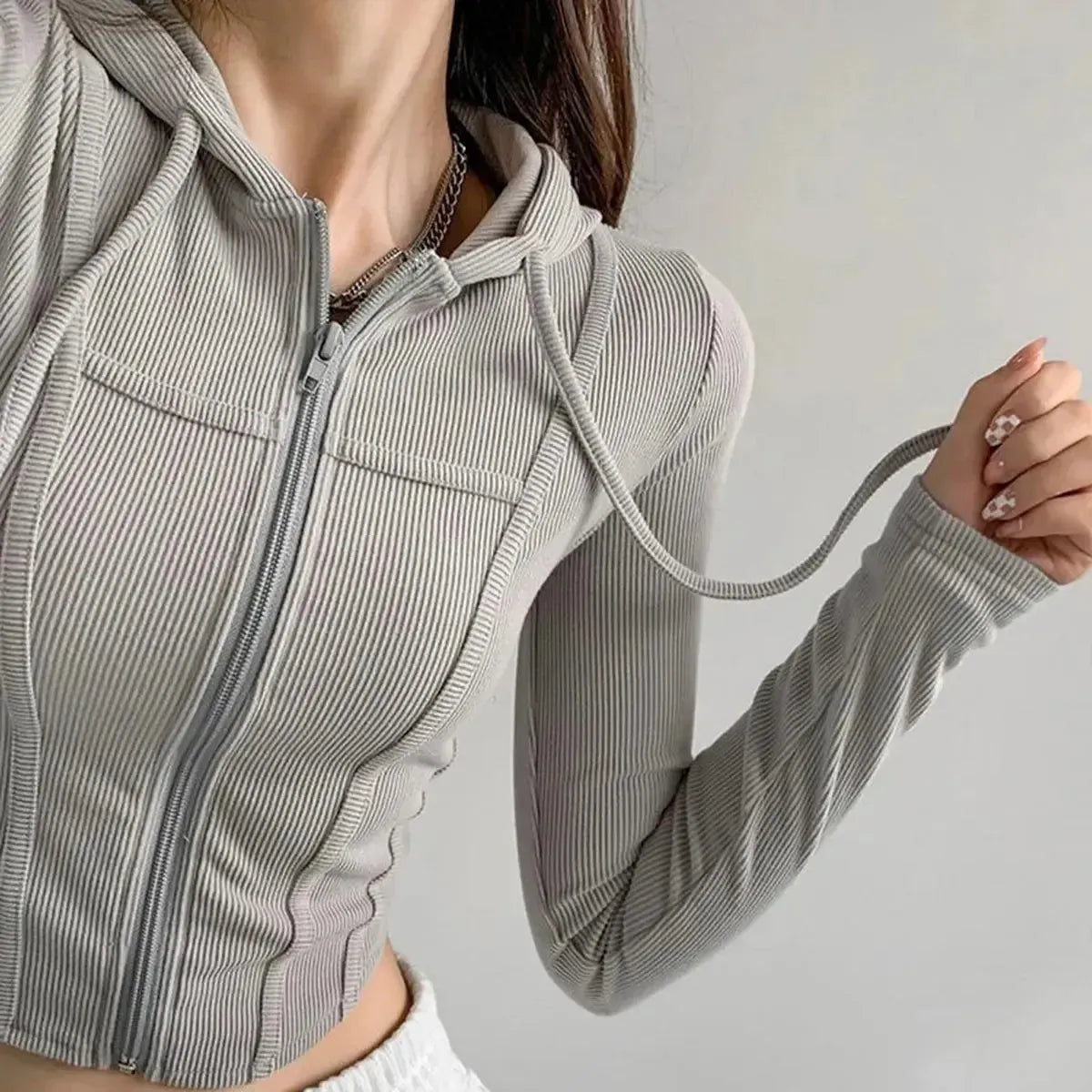 Thin Hooded Cardigan Women Korean Vintage Slim Summer Solid Sports Jacket Vertical Pit Stripe Zipper Female Sexy Cropped Tops-Saylana
