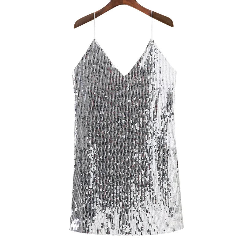 Robe Pailletée Col V Sans Manches Saylana