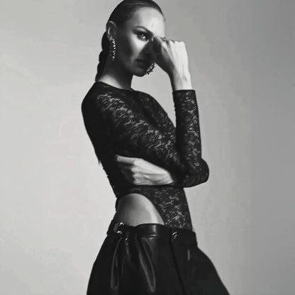 Body Dentelle Noir Manches Longues - Saylana