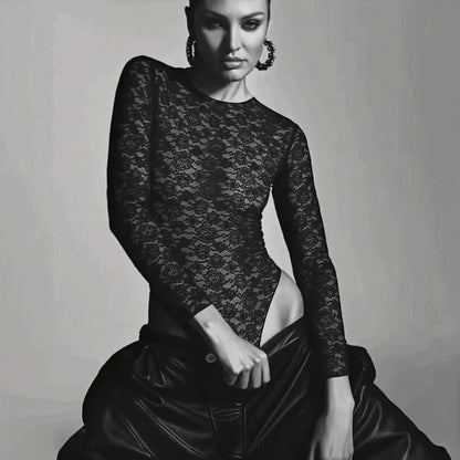 Body Dentelle Noir Manches Longues - Saylana