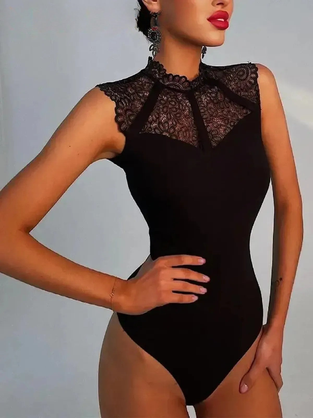 Body Dentelle Noir Sans Manches-Saylana
