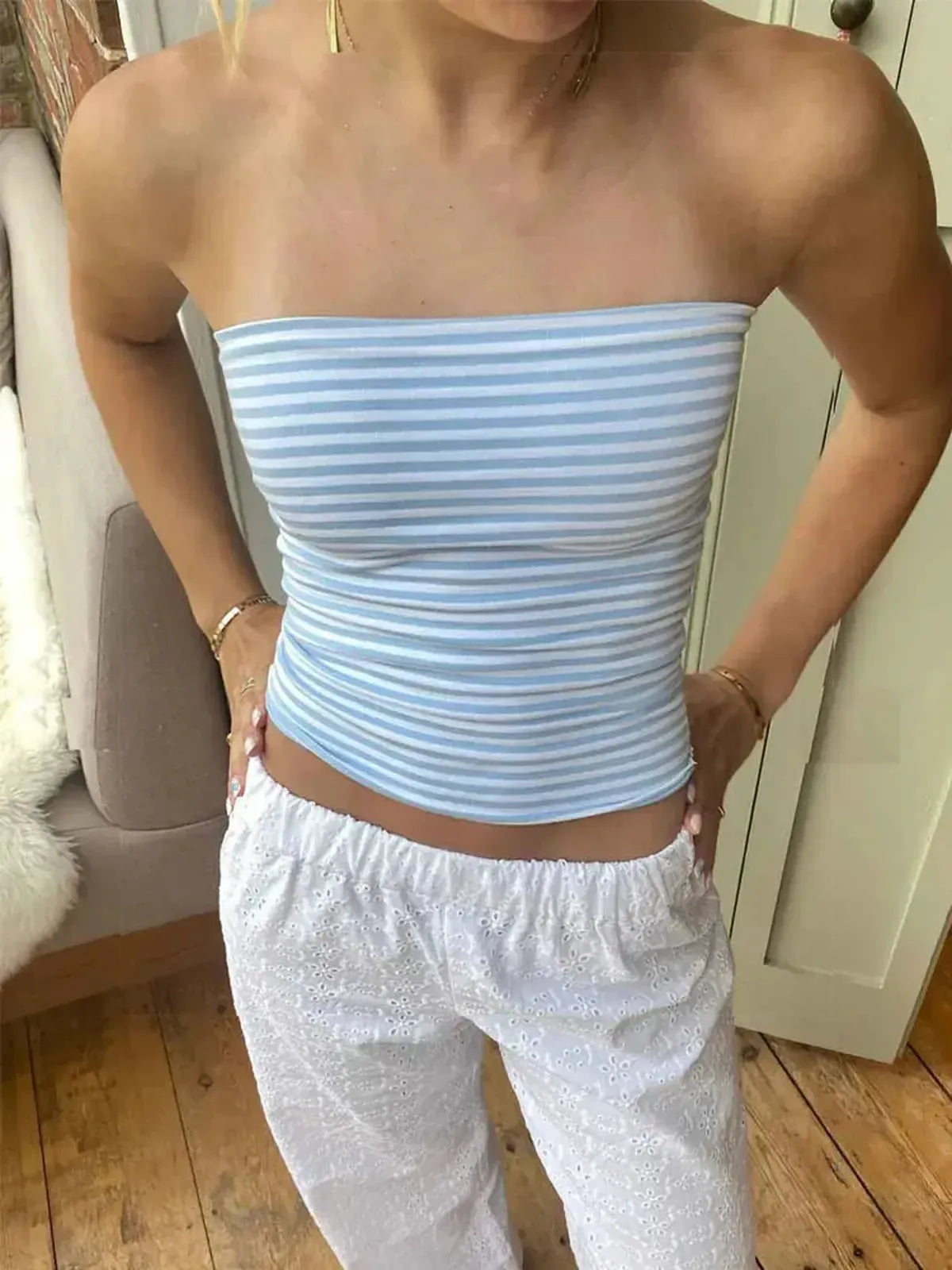 Bustier court rayé ou uni sans bretelles-Saylana