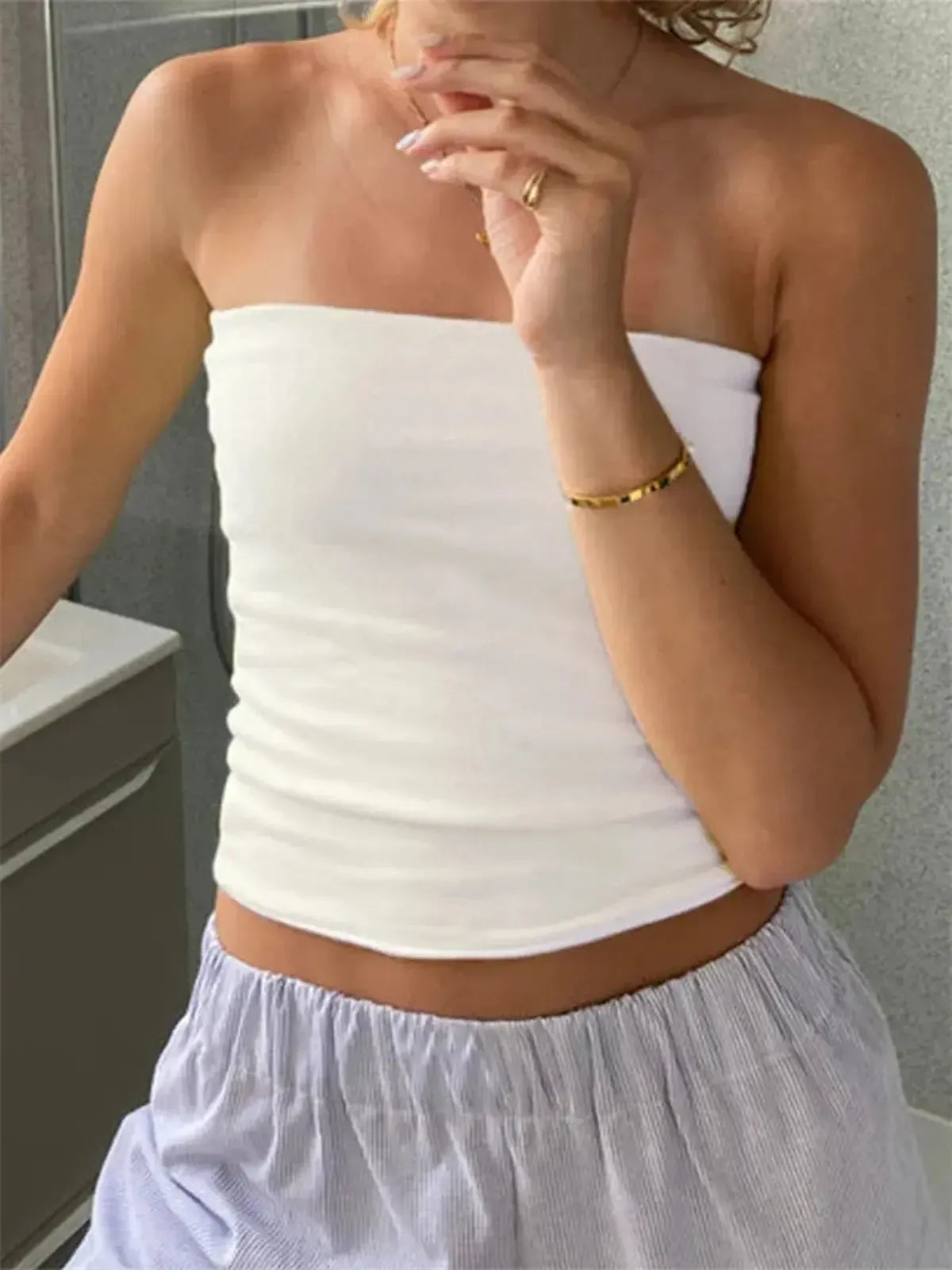 Bustier court rayé ou uni sans bretelles-Saylana