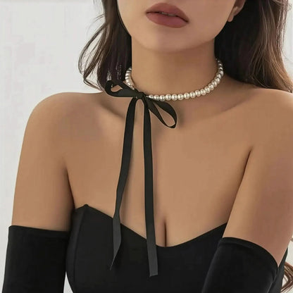 Choker Velours Noir Nœud & Perle - Saylana