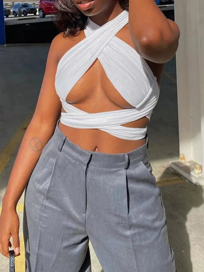 Crop bandage croisé col halter dos nu-Saylana