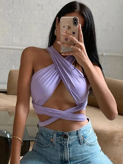 Crop bandage croisé col halter dos nu-Saylana