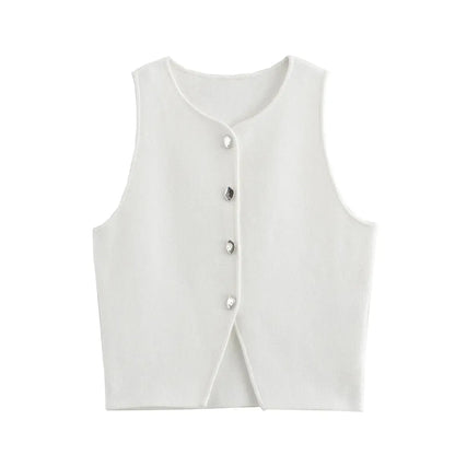 Crop blanc en maille boutonnée femme-Saylana