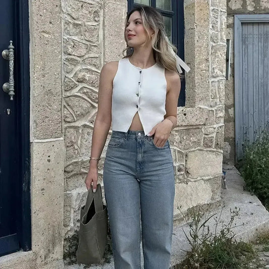 Crop blanc en maille boutonnée femme-Saylana