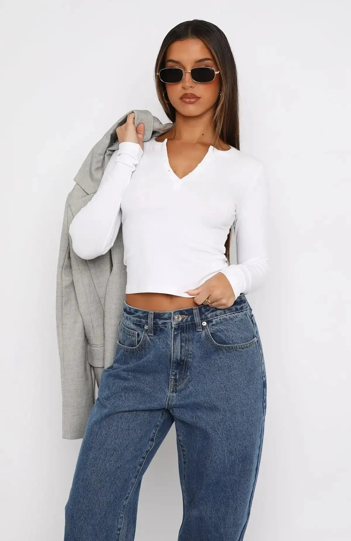 Crop Top Y2K Col V Boutonné-Saylana