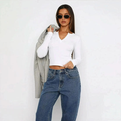 Crop Top Y2K Col V Boutonné - Saylana