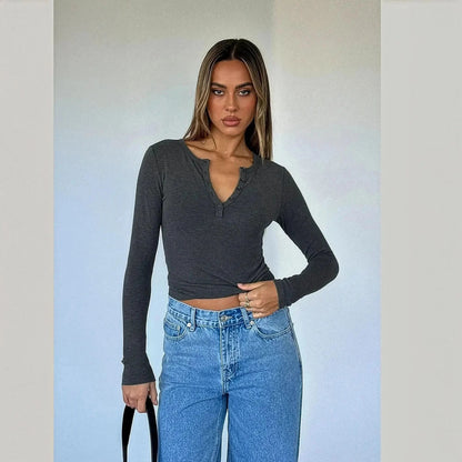 Crop Top Y2K Col V Boutonné - Saylana