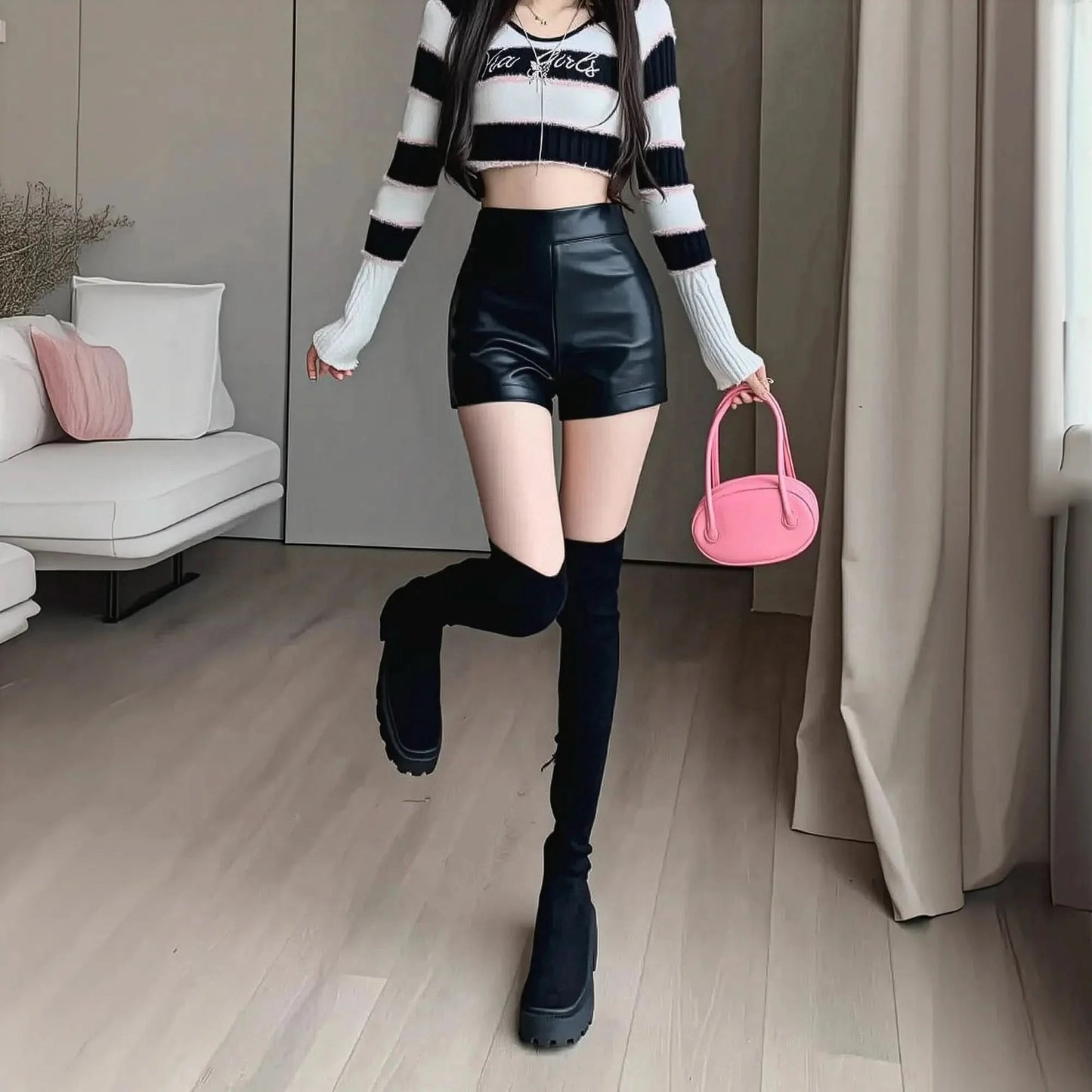 Effet cuir noir taille haute Y2K - Saylana