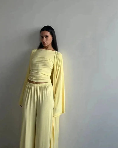 Ensemble 3 Pièces Élégant : Long Cardigan + Top + Pantalon Taille Haute-Saylana