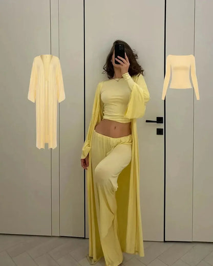 Ensemble 3 Pièces Élégant : Long Cardigan + Top + Pantalon Taille Haute-Saylana