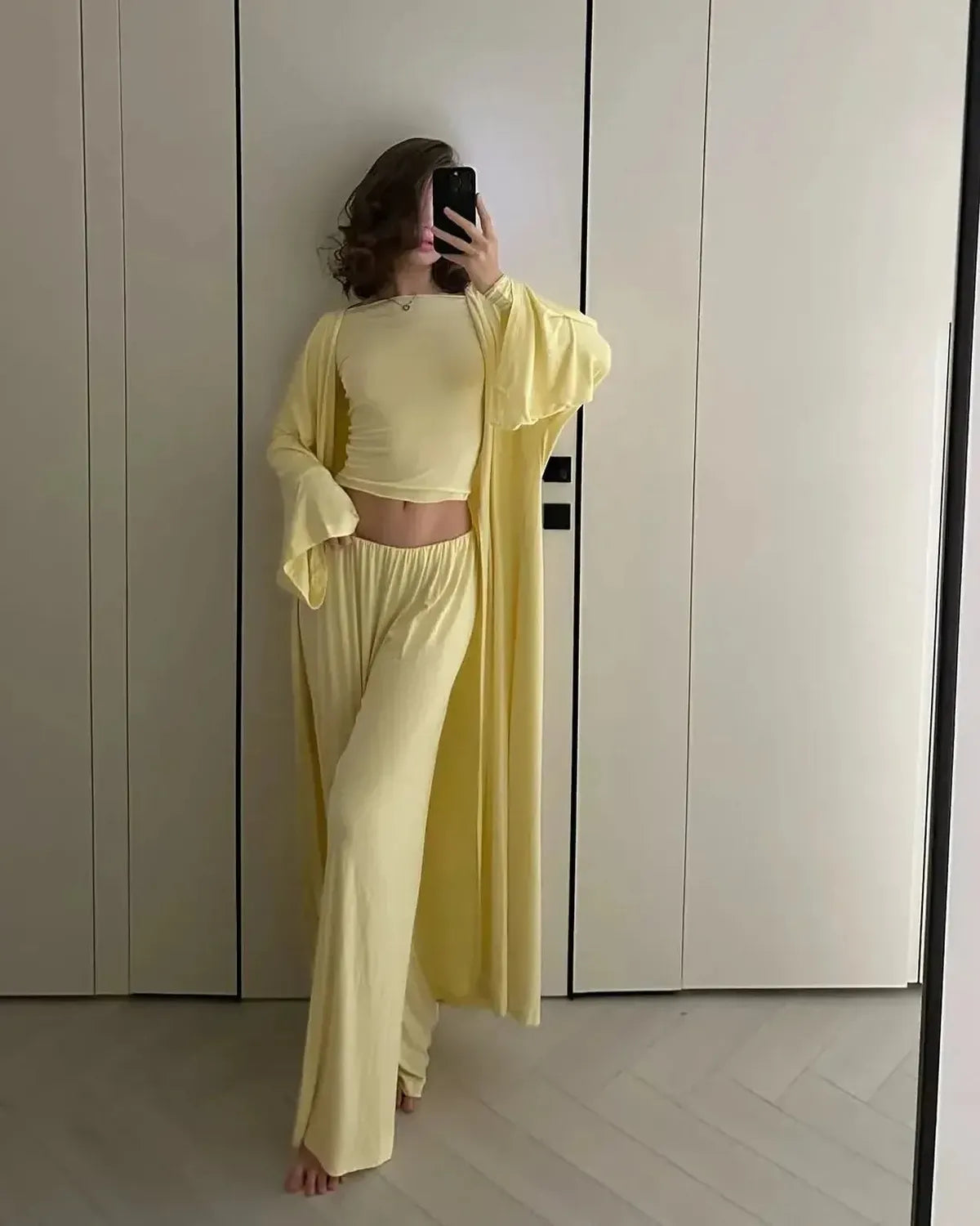Ensemble 3 Pièces Élégant : Long Cardigan + Top + Pantalon Taille Haute-Saylana