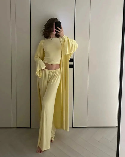 Ensemble 3 Pièces Élégant : Long Cardigan + Top + Pantalon Taille Haute-Saylana
