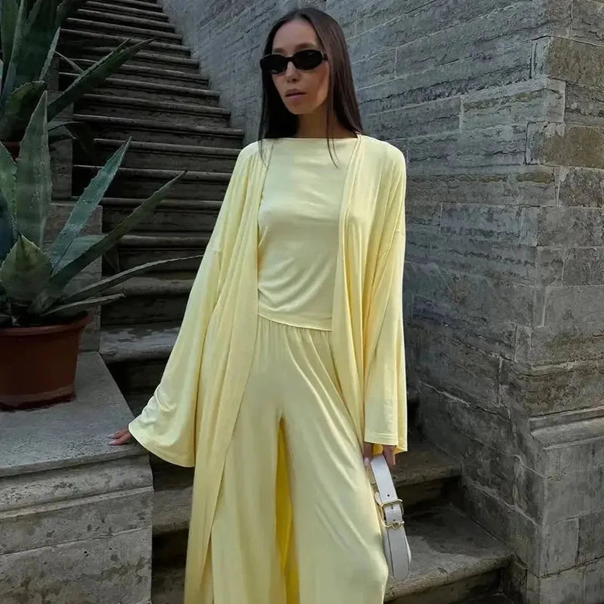 Ensemble 3 Pièces Élégant : Long Cardigan + Top + Pantalon Taille Haute-Saylana