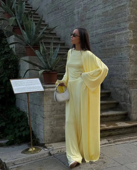 Ensemble 3 Pièces Élégant : Long Cardigan + Top + Pantalon Taille Haute-Saylana