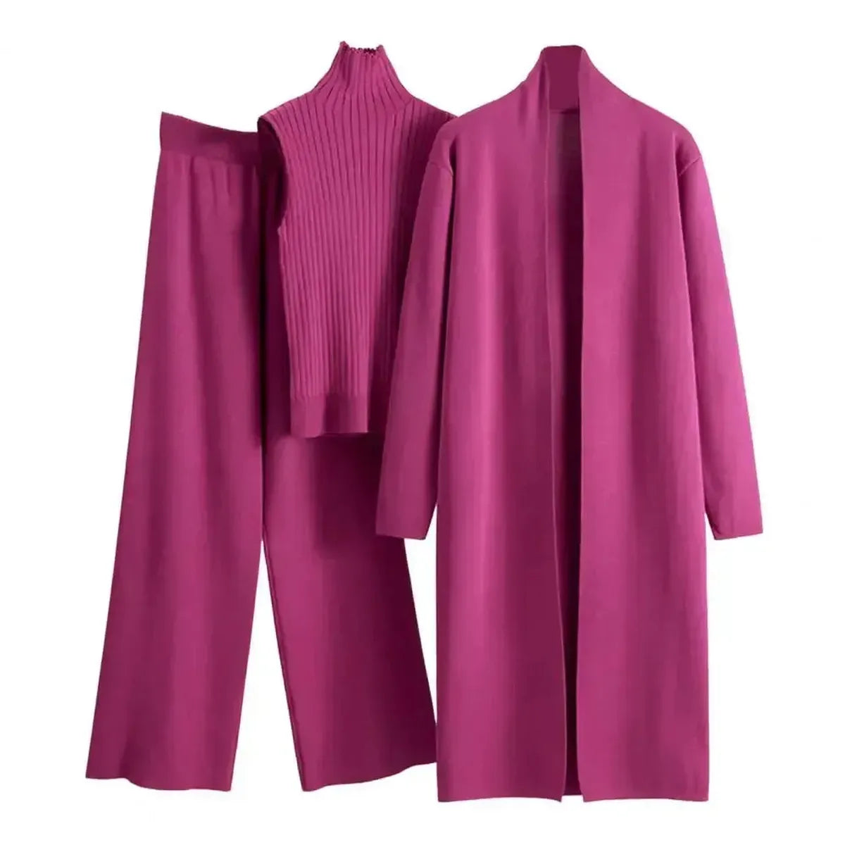 Ensemble 3 Pièces Tricot : Gilet Long + Pull Sans Manches + Pantalon-Saylana