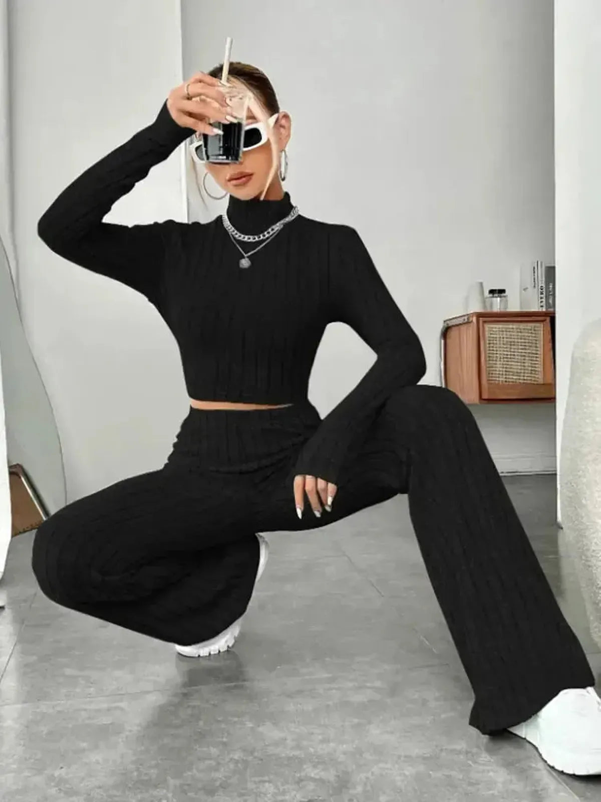 Ensemble Col Montant Rayé Haut + Pantalon-Saylana