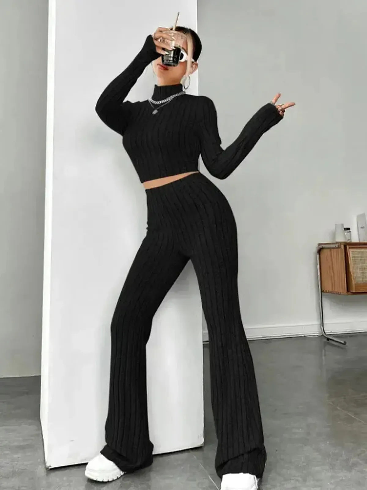 Ensemble Col Montant Rayé Haut + Pantalon-Saylana
