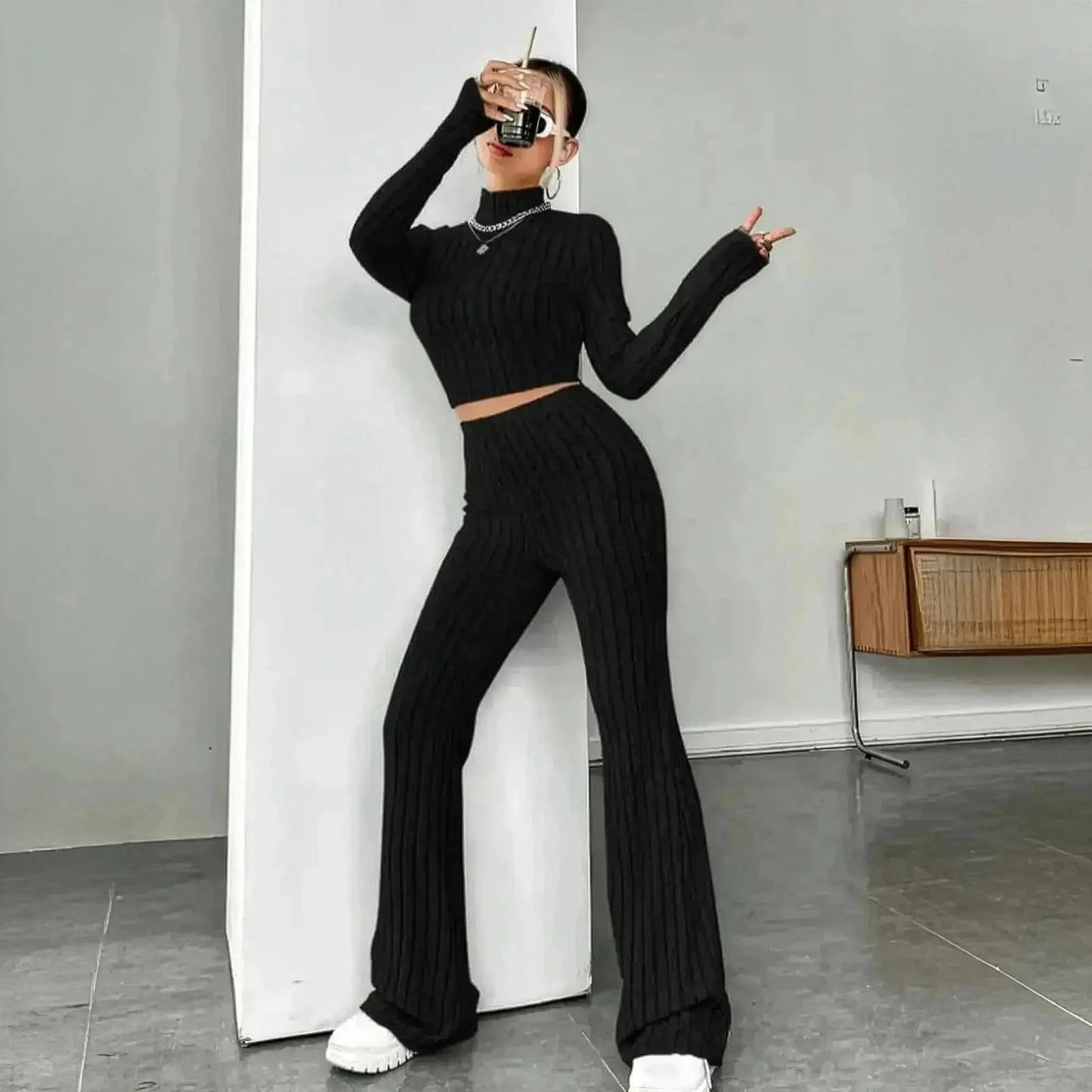 Ensemble Col Montant Rayé Haut + Pantalon - Saylana