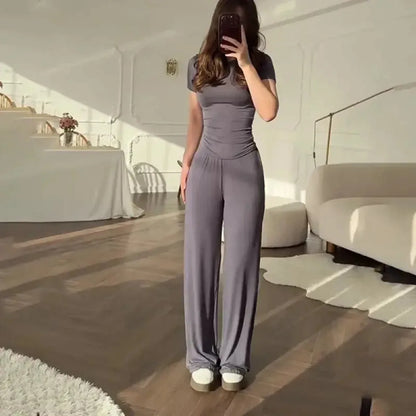 Ensemble Décontracté : T-shirt Col Rond + Pantalon Élastique-Saylana