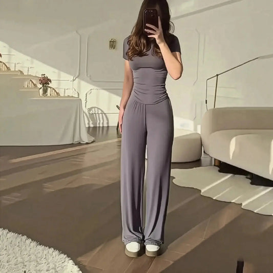 Ensemble Décontracté : T-shirt Col Rond + Pantalon Élastique - Saylana