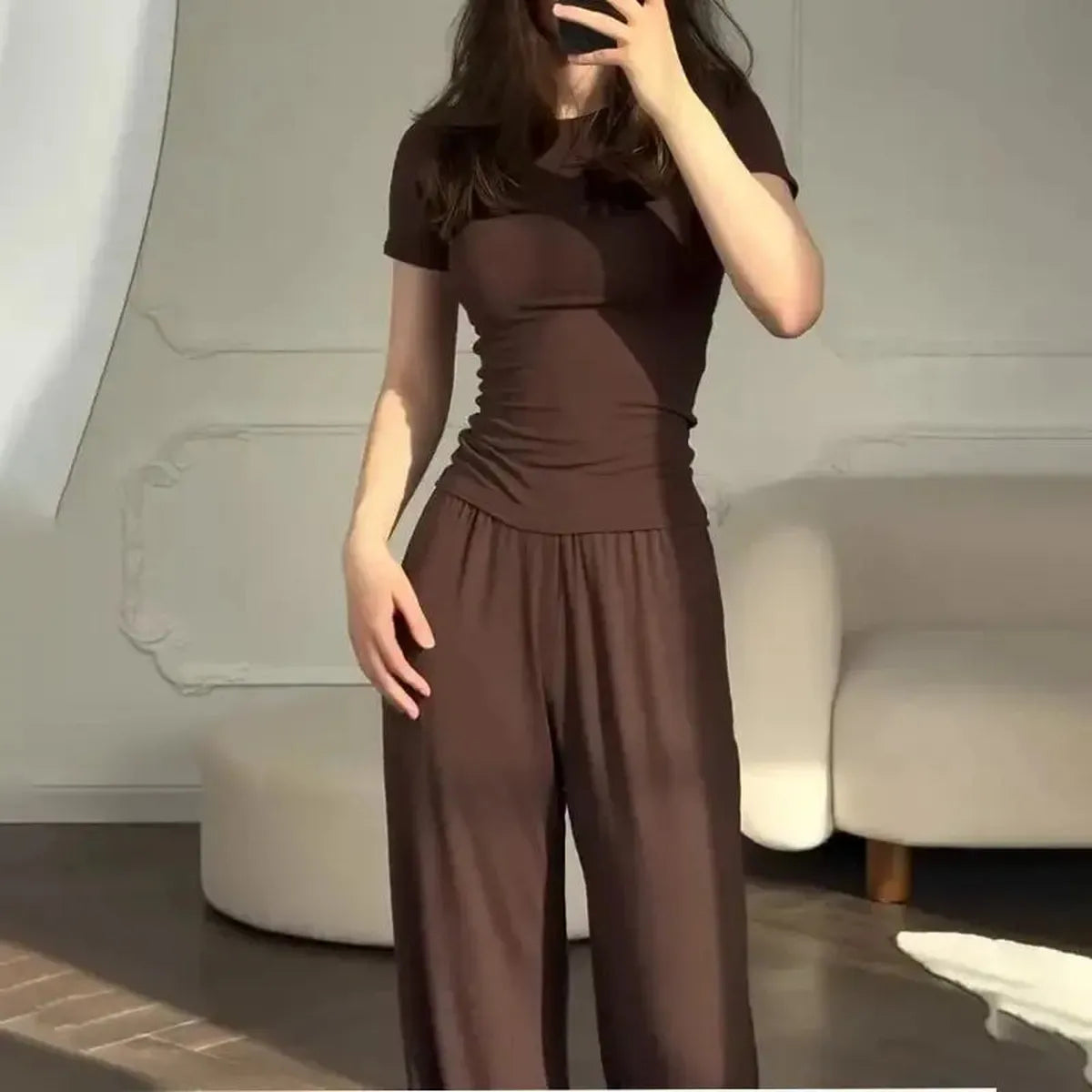 Ensemble Décontracté : T-shirt Col Rond + Pantalon Élastique-Saylana
