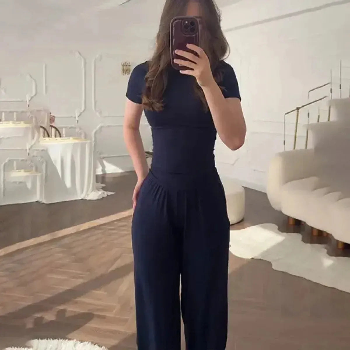 Ensemble Décontracté : T-shirt Col Rond + Pantalon Élastique-Saylana
