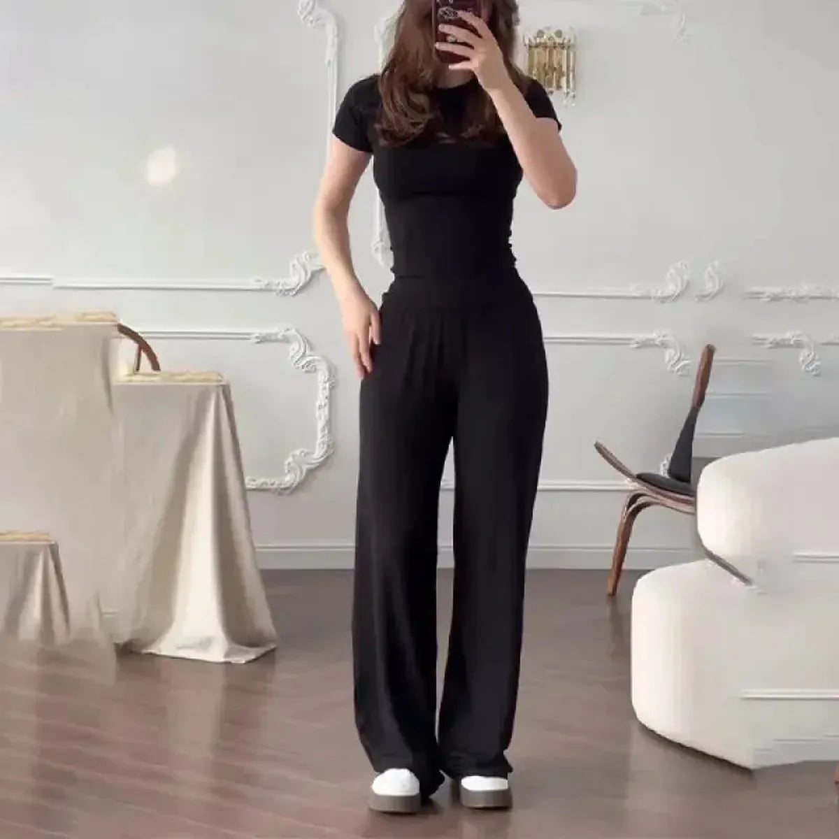 Ensemble Décontracté : T-shirt Col Rond + Pantalon Élastique-Saylana