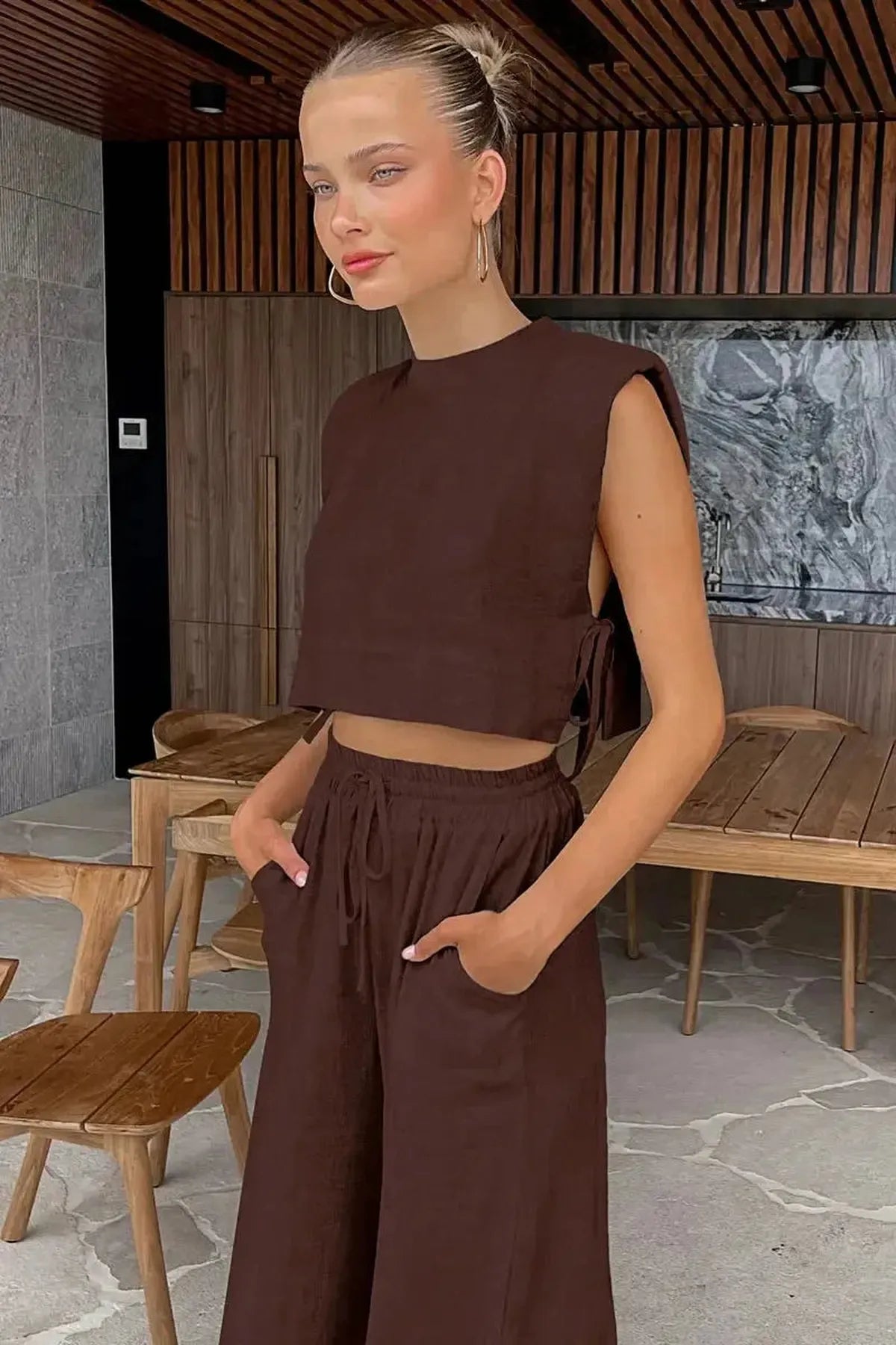 Ensemble Lin 2 Pièces : Crop Top + Pantalon Été-Saylana