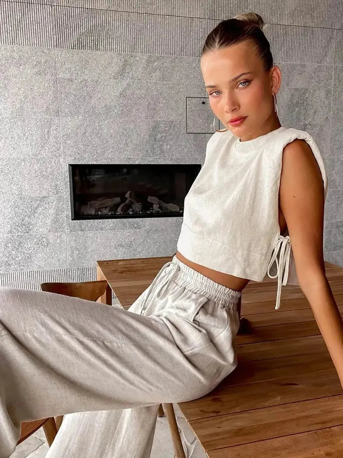 Ensemble Lin 2 Pièces : Crop Top + Pantalon Été-Saylana