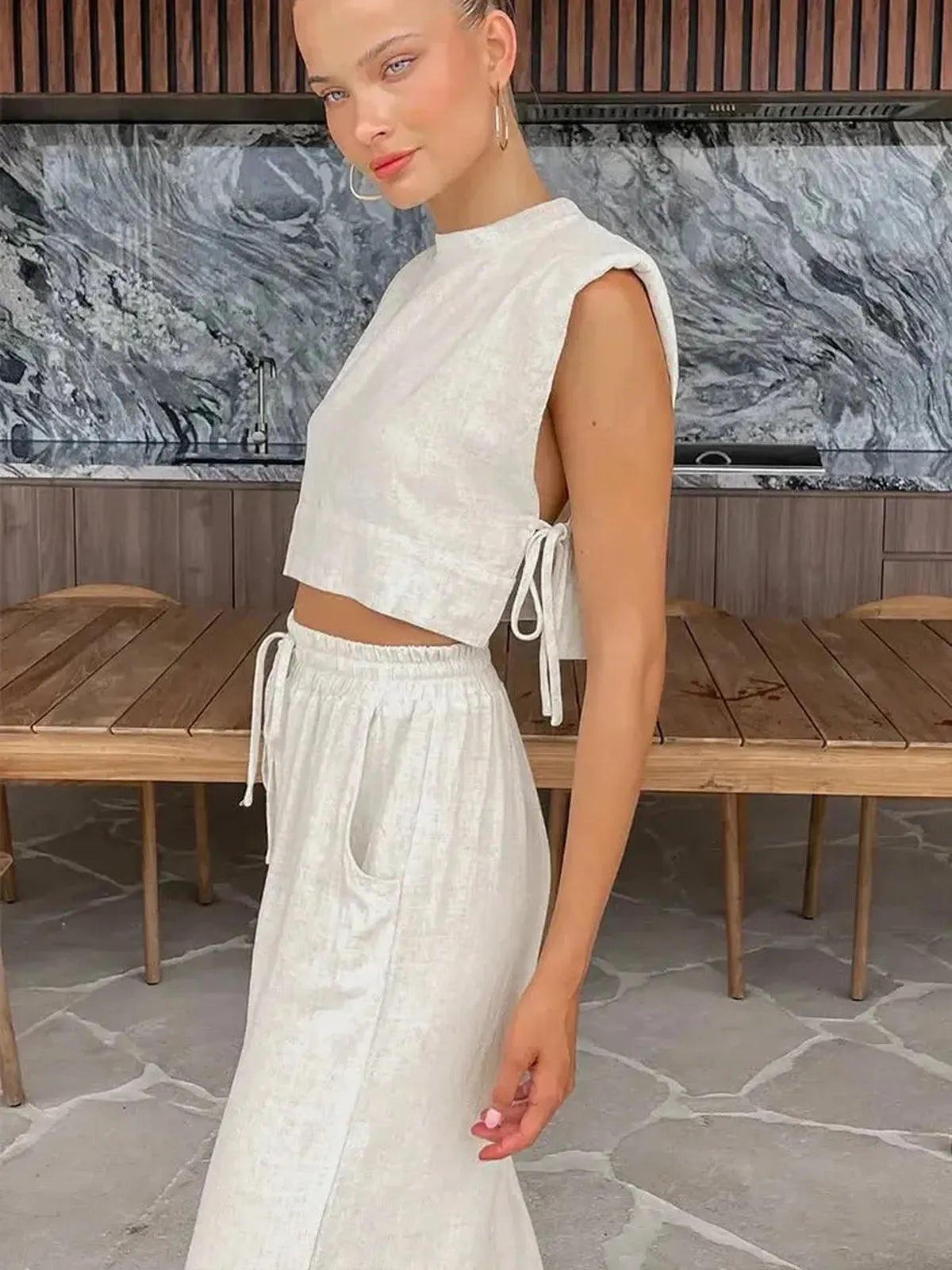 Ensemble Lin 2 Pièces : Crop Top + Pantalon Été-Saylana