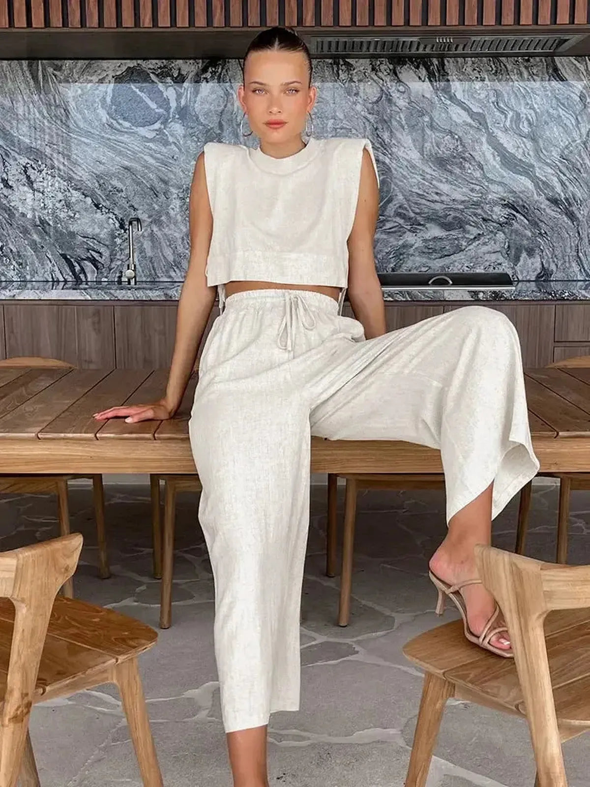 Ensemble Lin 2 Pièces : Crop Top + Pantalon Été-Saylana