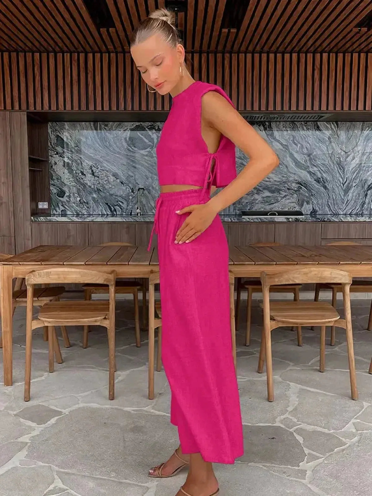 Ensemble Lin 2 Pièces : Crop Top + Pantalon Été-Saylana